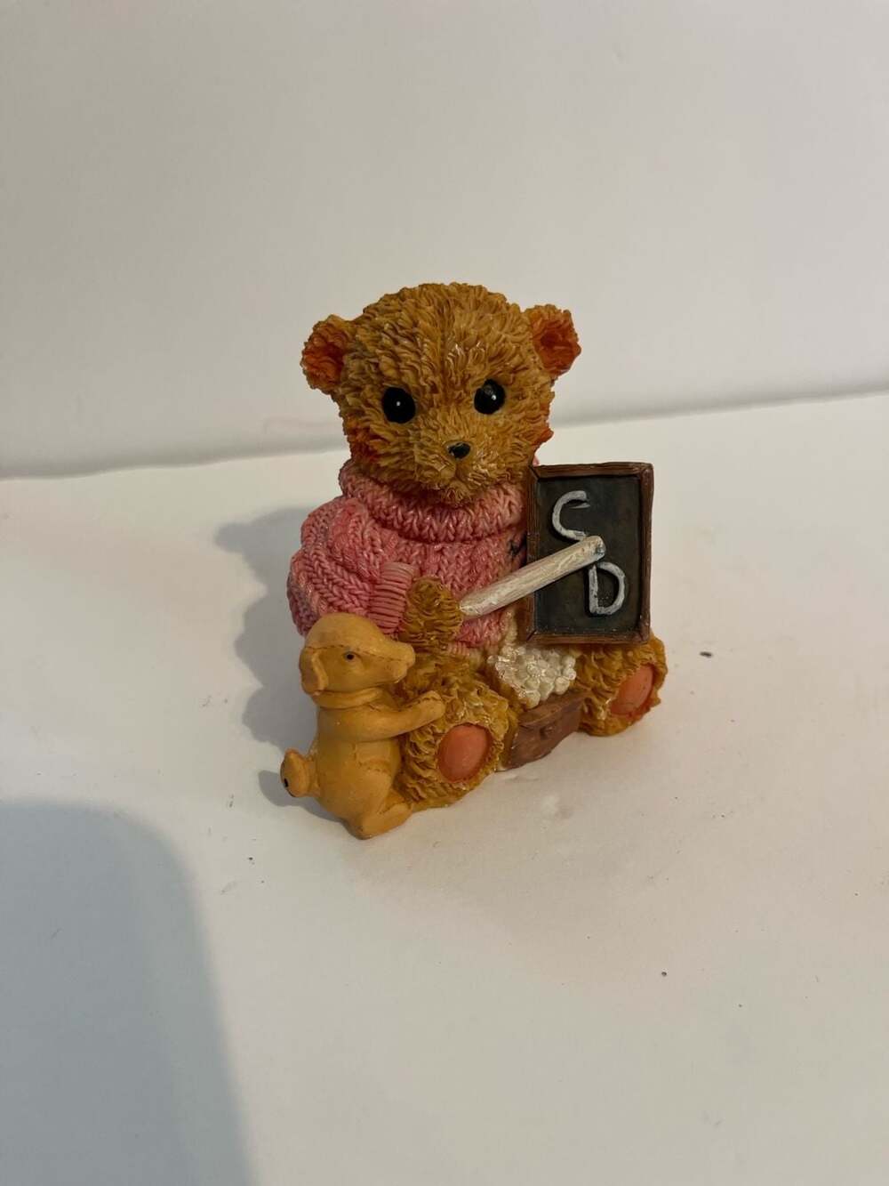 Resin Teddy Bear Figurine in Pink Sweater with Dog and Chalkboard